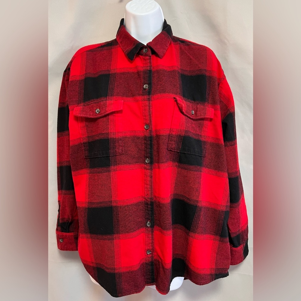 Old Navy Shirt Sz Large Red Boyfriend Button-Up Plaid Long‎ Sleeves Cotton Women